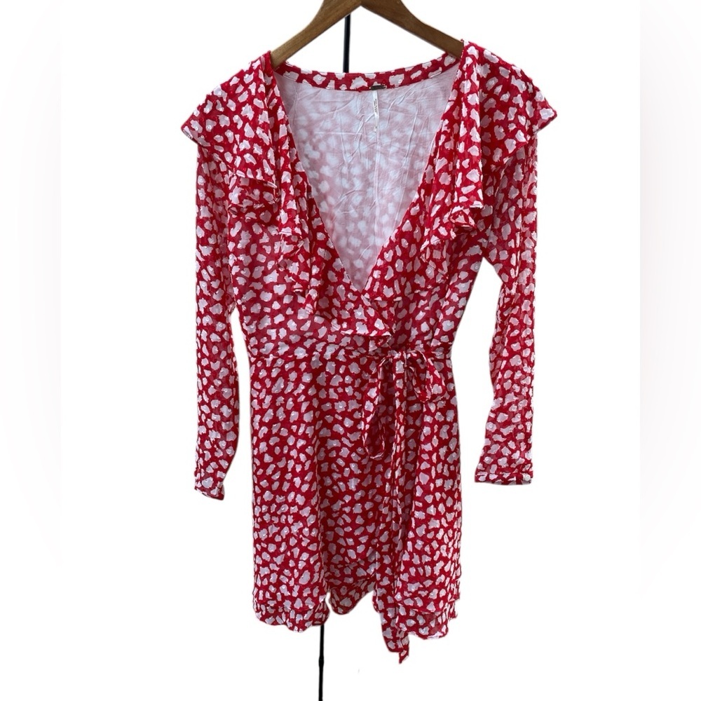 Free People Red and White dot Print Wrap Mini Dress long sleeve boho chic